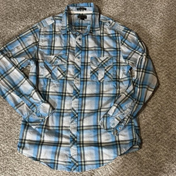 Helix Shirt Mens Large Blue Plaid Button Down Long Sleeve Snap Pockets Epaulets - Picture 1 of 10